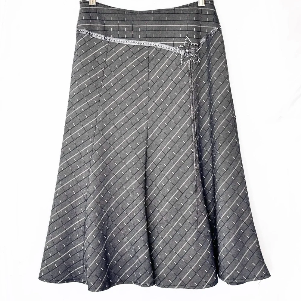 Gray-Brown Midi Skirt with Rhinestone and Chain Accents
